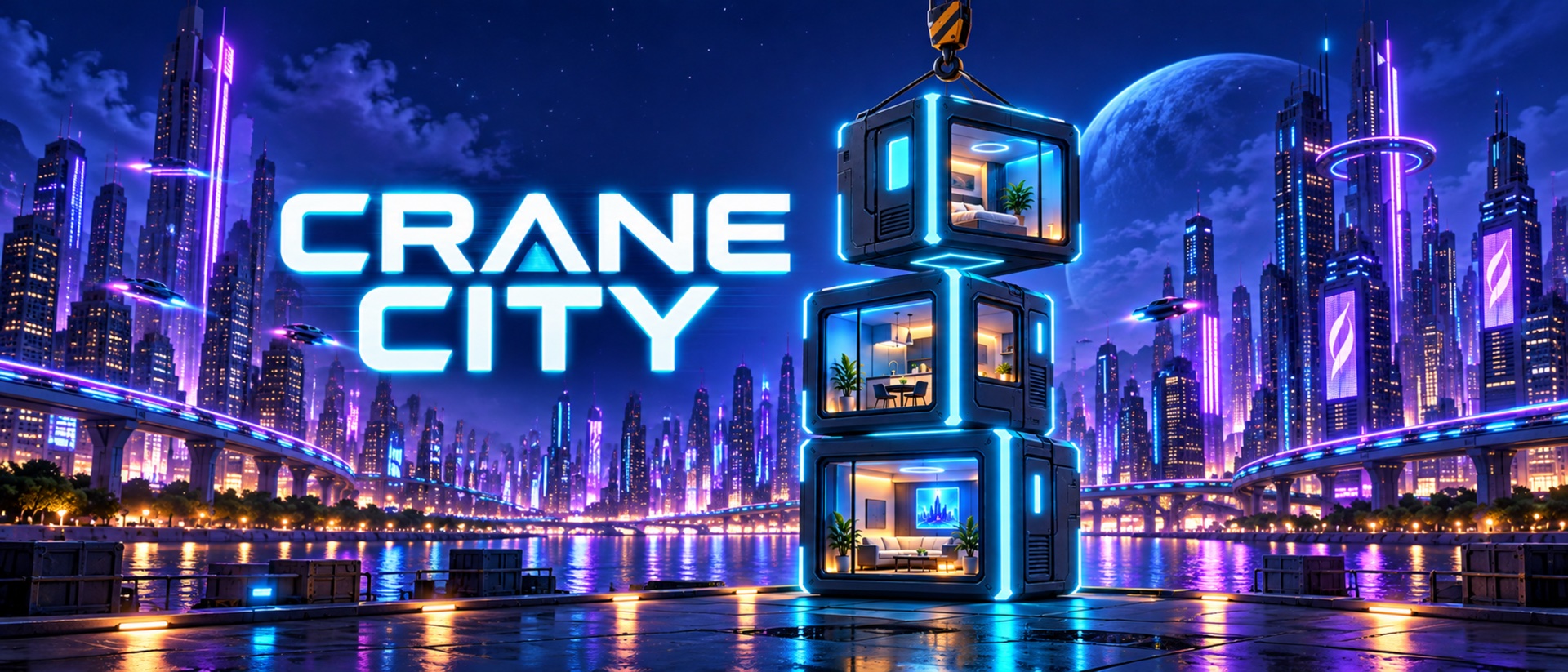 Crane City — a crane stacking neon-lit homes against a futuristic skyline