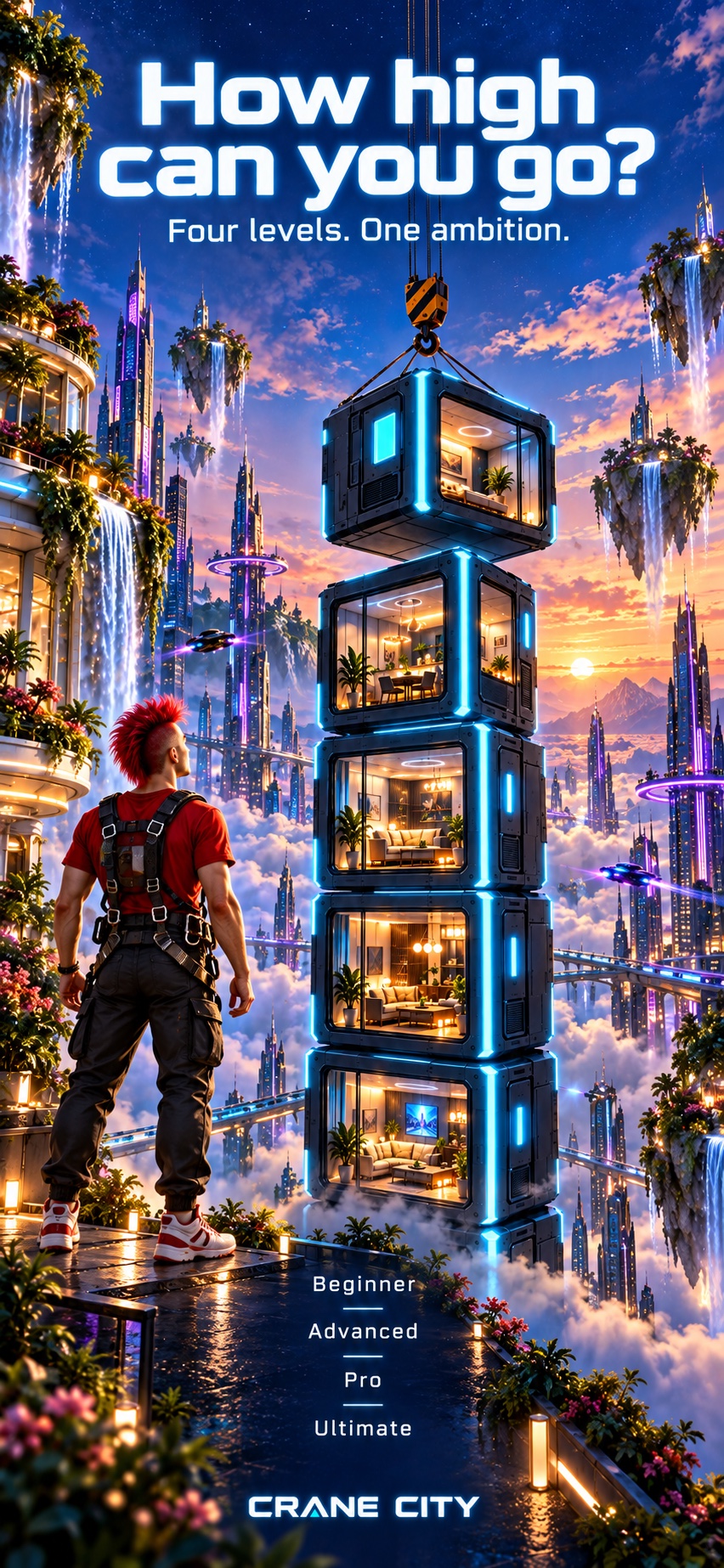Crane City promotional artwork: How high can you go? Four levels. One ambition. A crane stacks futuristic homes above a city in the clouds.