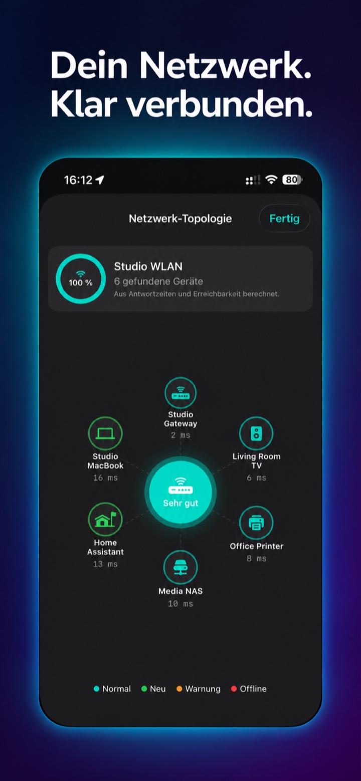 Die App zeigt Geräte und Antwortzeiten als Netzwerktopologie
