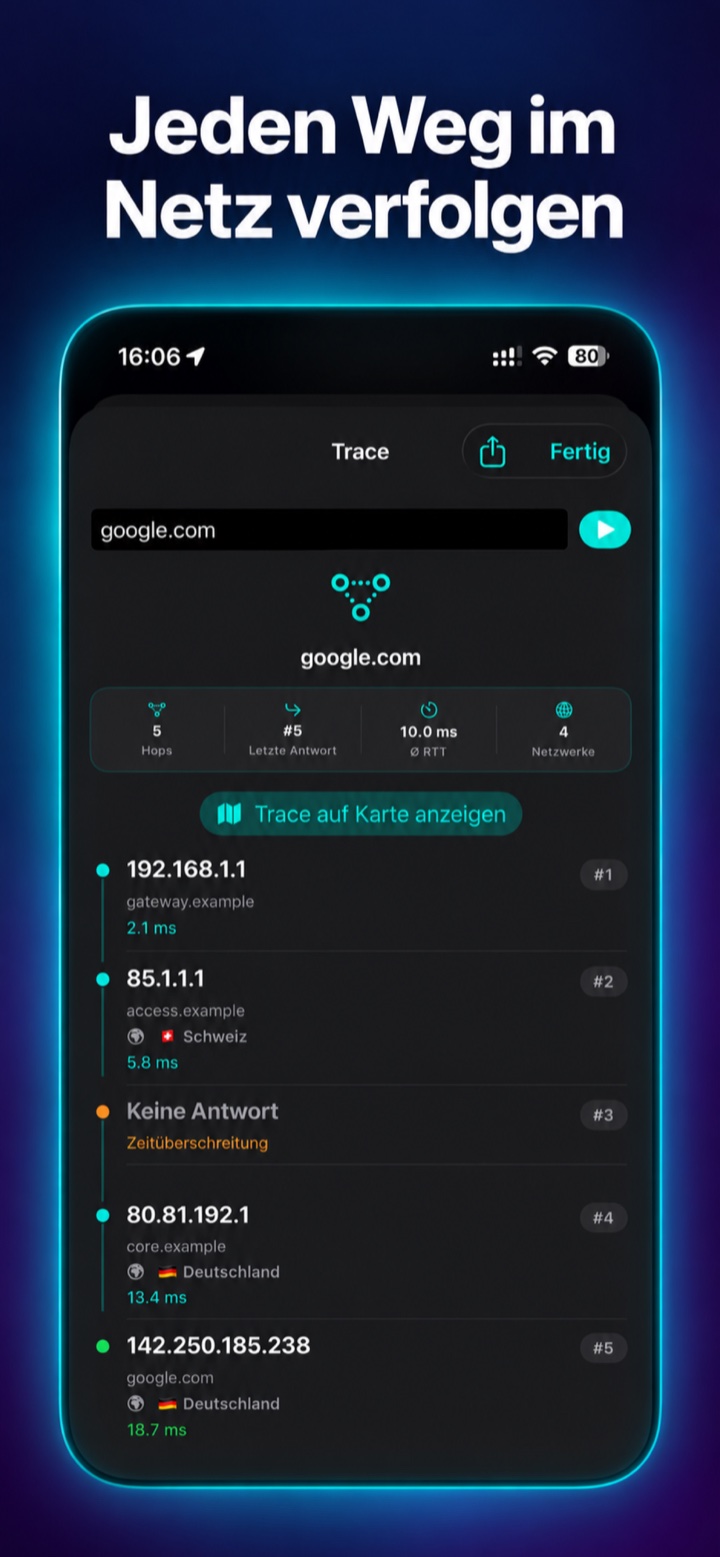 Traceroute mit einzelnen Stationen und Zugang zur Kartenansicht
