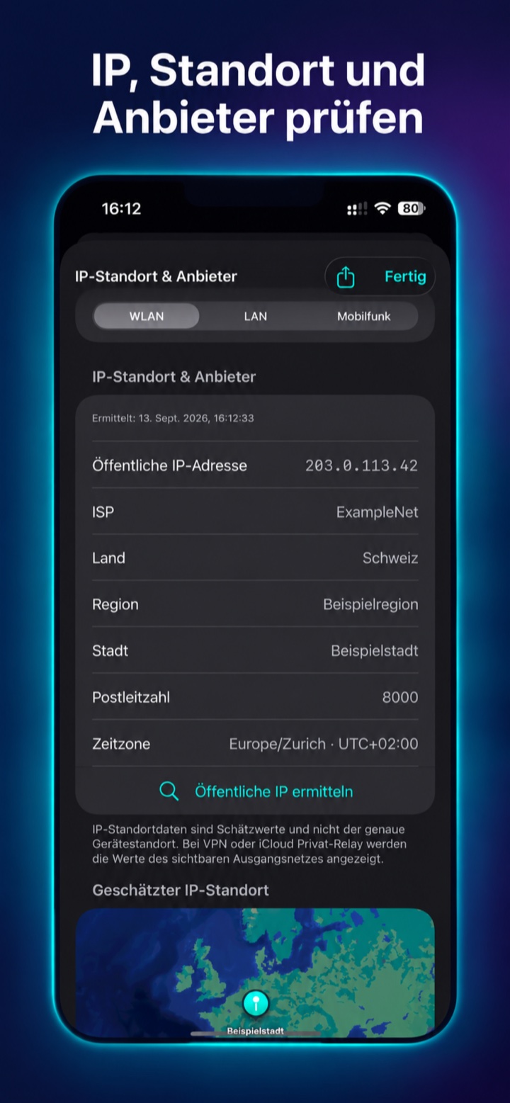 Öffentliche IP-Adresse, Internetanbieter und geschätzter IP-Standort