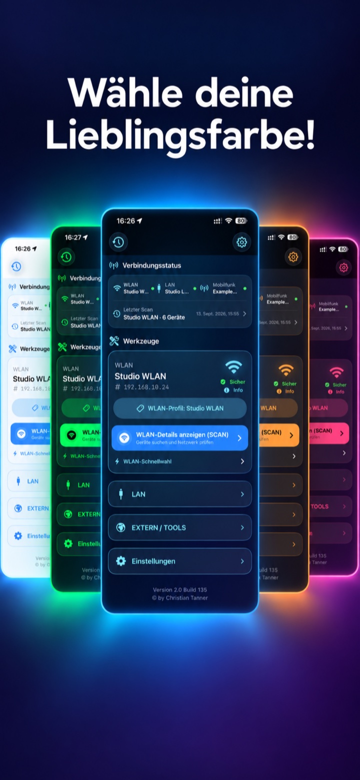 App-Oberfläche in heller Darstellung und verschiedenen Akzentfarben